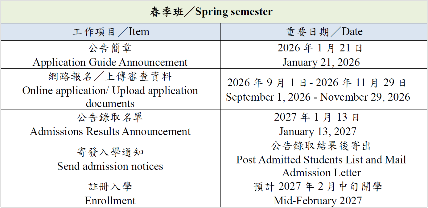 春季班重要日程